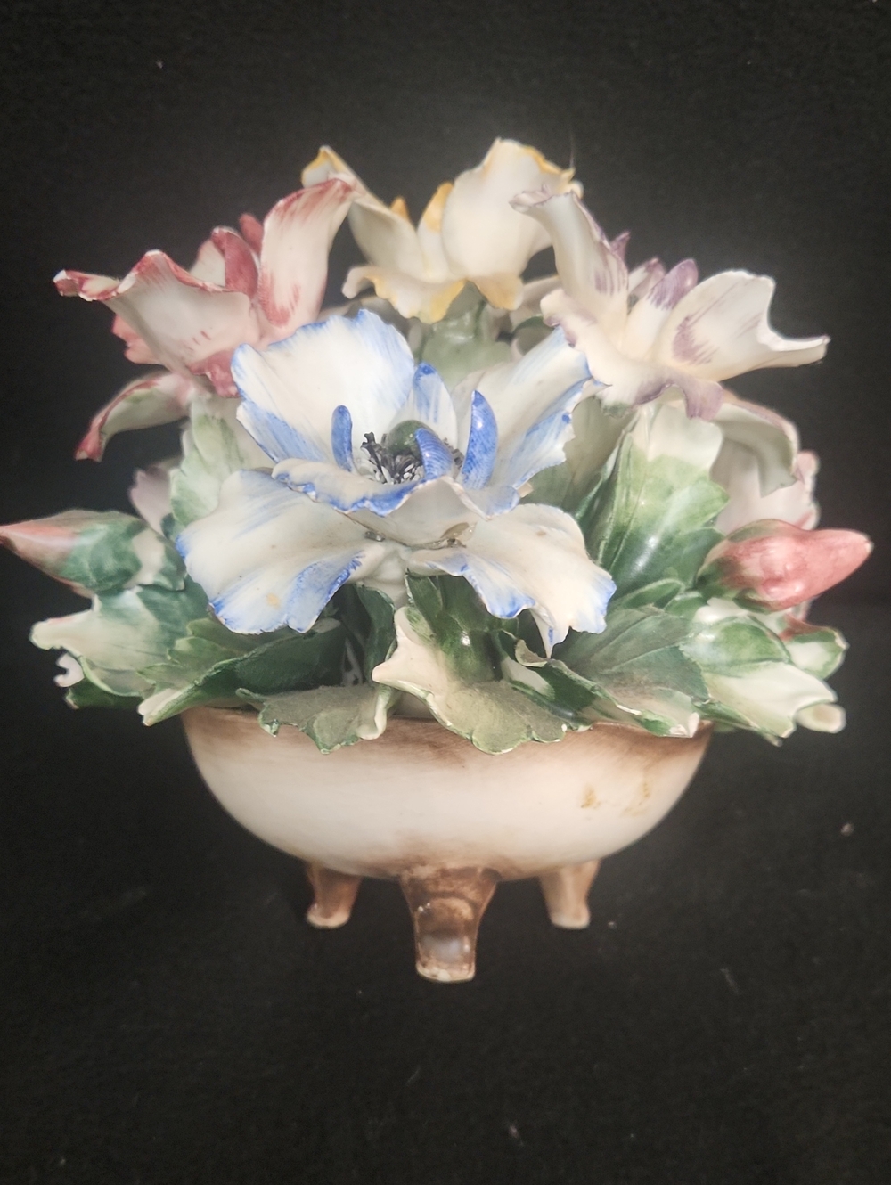 Capodimonte Porcelain Floral Bouquet Centerpiece in White, Blue, Green